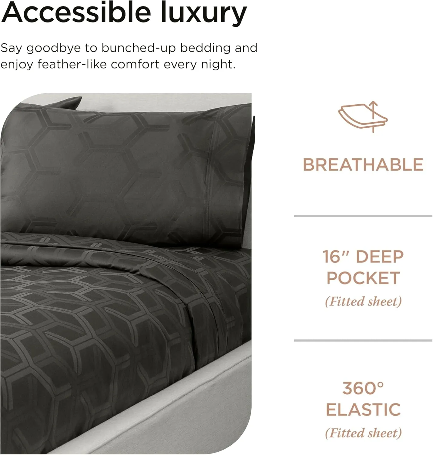 Threadmill 100% Cotton Sheets for Queen Size Bed - 600 Thread Count Queen Bed Sheets Set with 16” Deep Pocket - Jacquard Sateen Weave 4-Piece Bedding Set with Cooling Effect, Dark Grey