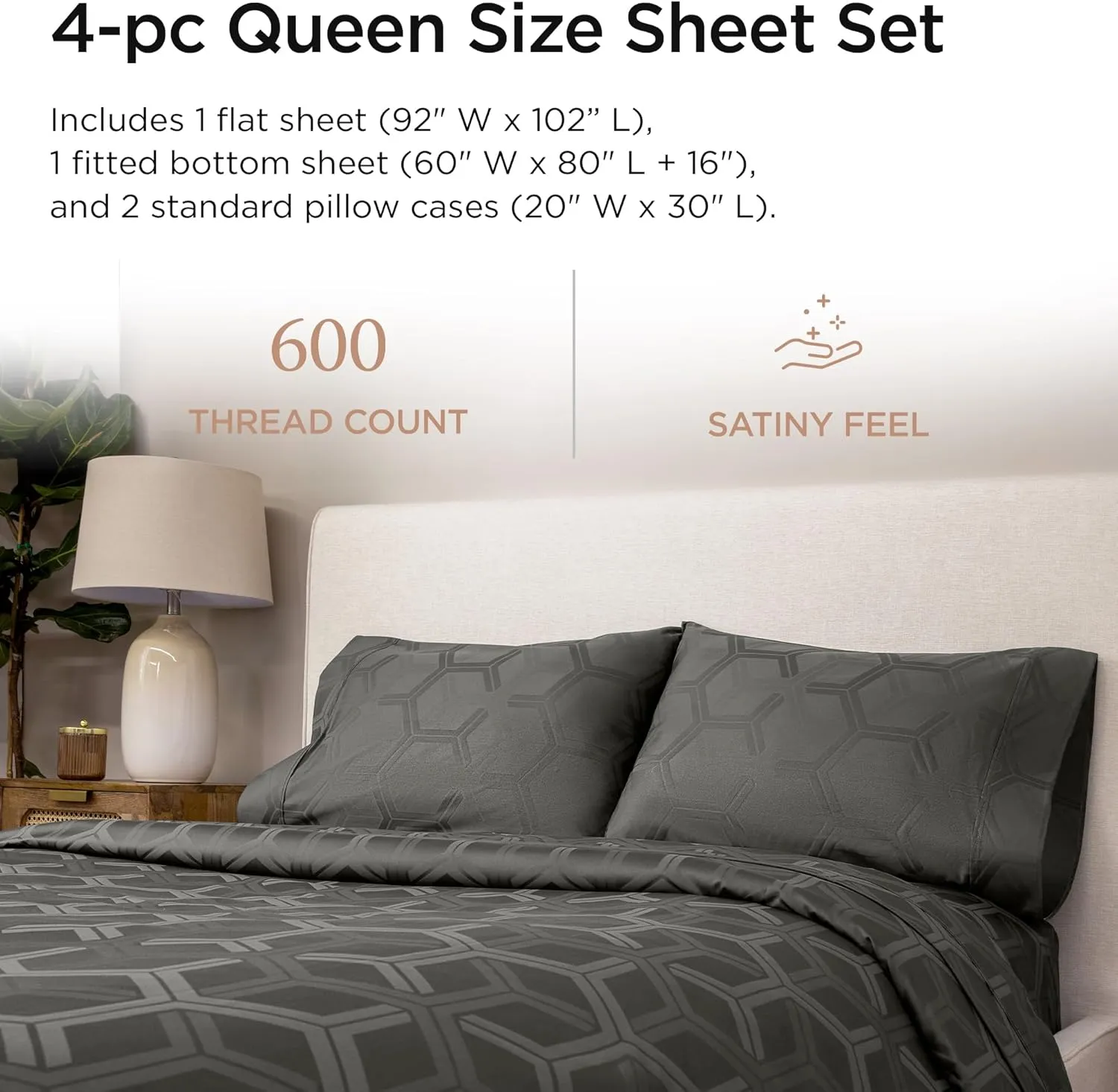 Threadmill 100% Cotton Sheets for Queen Size Bed - 600 Thread Count Queen Bed Sheets Set with 16” Deep Pocket - Jacquard Sateen Weave 4-Piece Bedding Set with Cooling Effect, Dark Grey