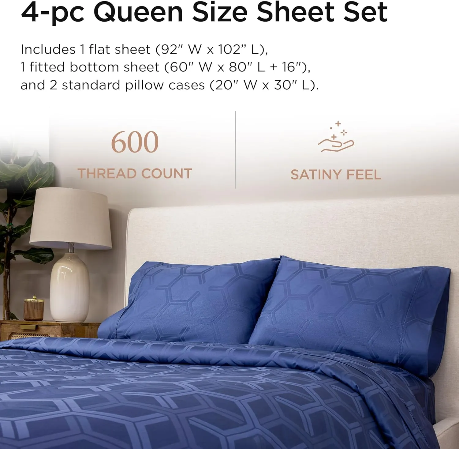 Threadmill 100% Cotton Sheets for Queen Size Bed - 600 Thread Count Queen Bed Sheets Set with 16” Deep Pocket - Jacquard Sateen Weave 4-Piece Bedding Set with Cooling Effect, Folkstone Blue