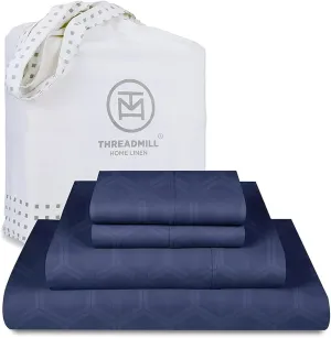 Threadmill 100% Cotton Sheets for Queen Size Bed - 600 Thread Count Queen Bed Sheets Set with 16” Deep Pocket - Jacquard Sateen Weave 4-Piece Bedding Set with Cooling Effect, Folkstone Blue