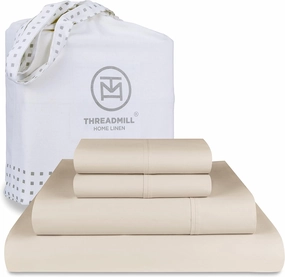 Threadmill 100% Cotton Sheets for Queen Size Bed - 600 Thread Count Queen Bed Sheets Set with 16” Deep Pocket - Sateen Weave 4-Piece Bedding Set with Cooling Effect, Beige