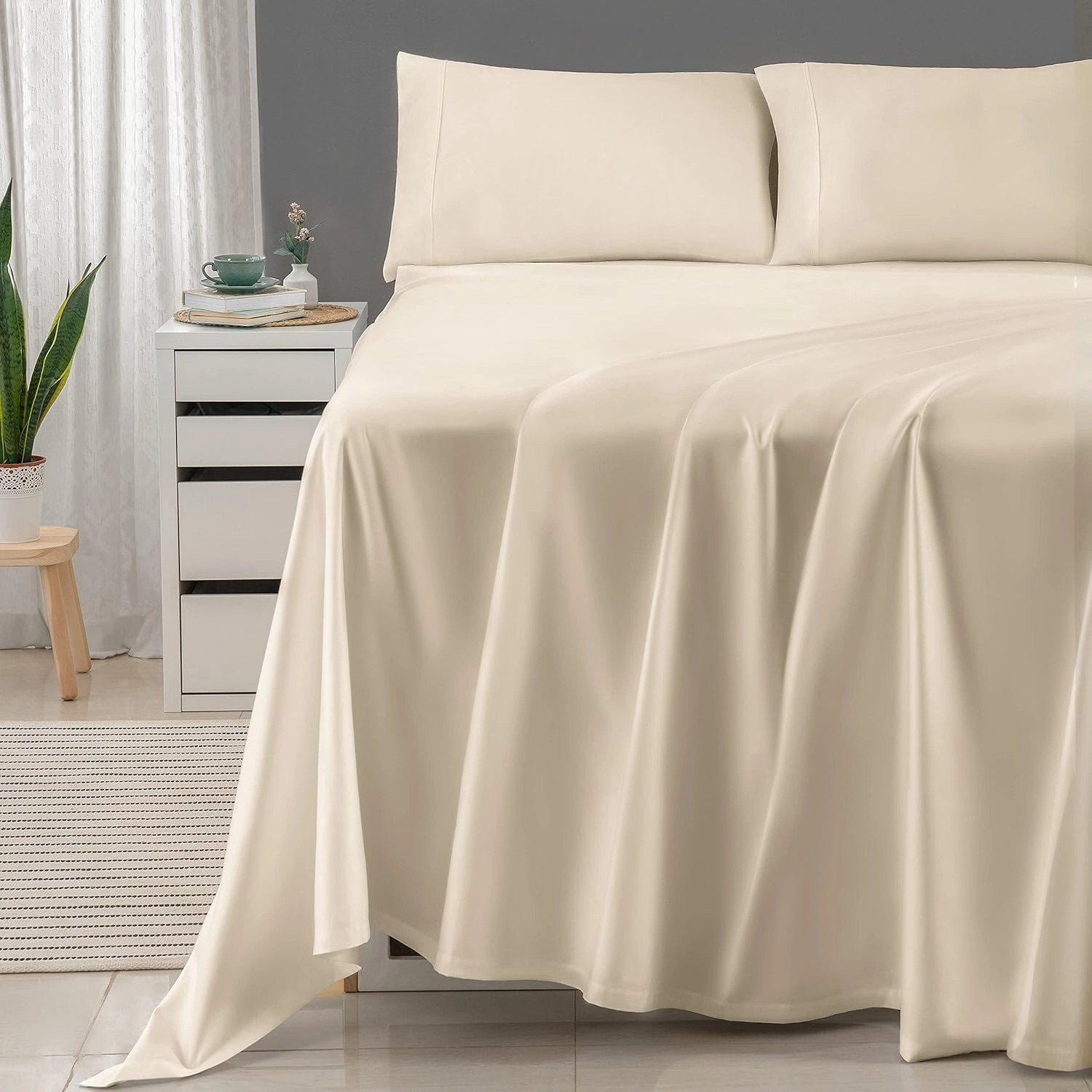 Threadmill 100% Cotton Sheets for Queen Size Bed - 600 Thread Count Queen Bed Sheets Set with 16” Deep Pocket - Sateen Weave 4-Piece Bedding Set with Cooling Effect, Beige