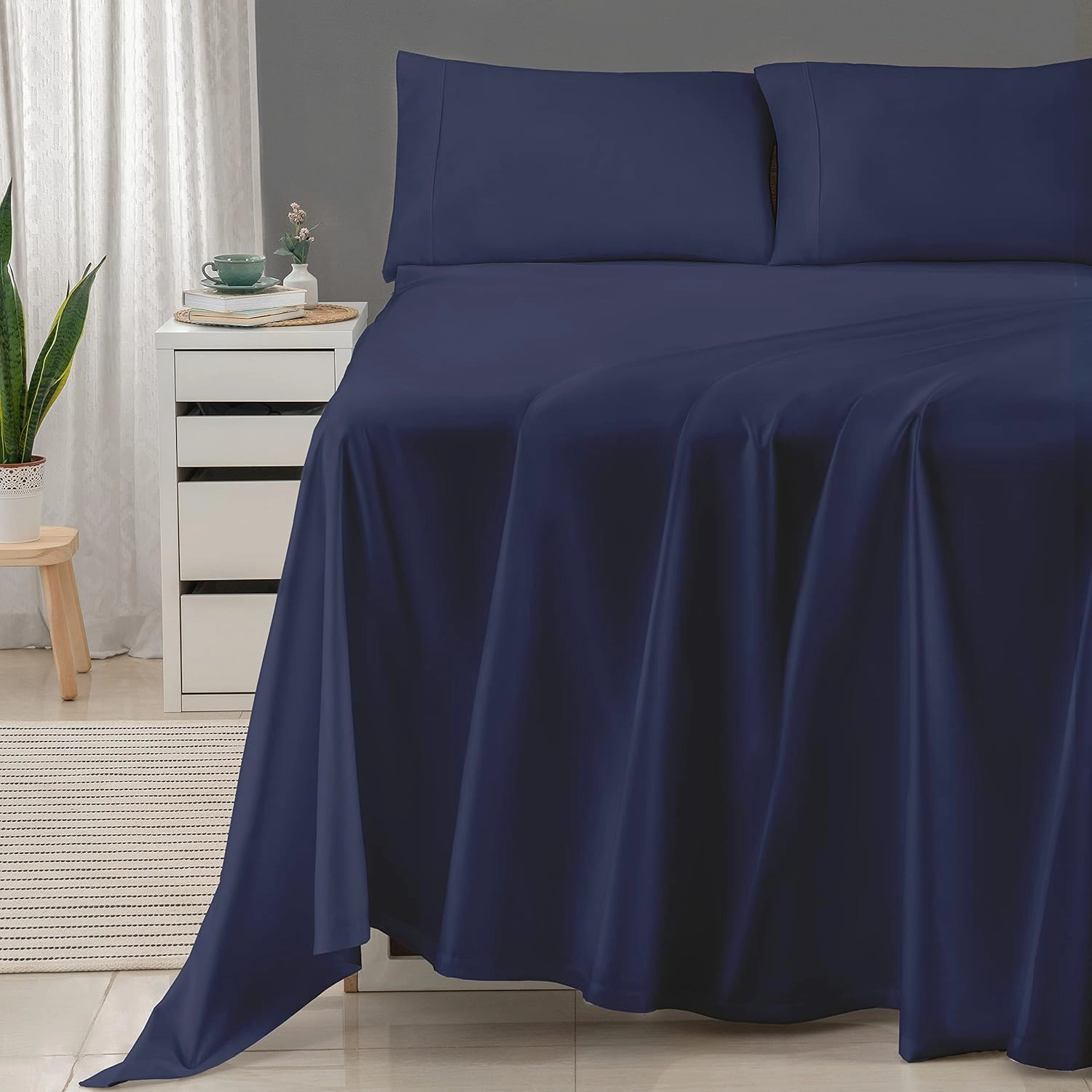 Threadmill 100% Cotton Sheets for Queen Size Bed - 600 Thread Count Queen Bed Sheets Set with 16” Deep Pocket - Sateen Weave 4-Piece Bedding Set with Cooling Effect, Folkstone Blue