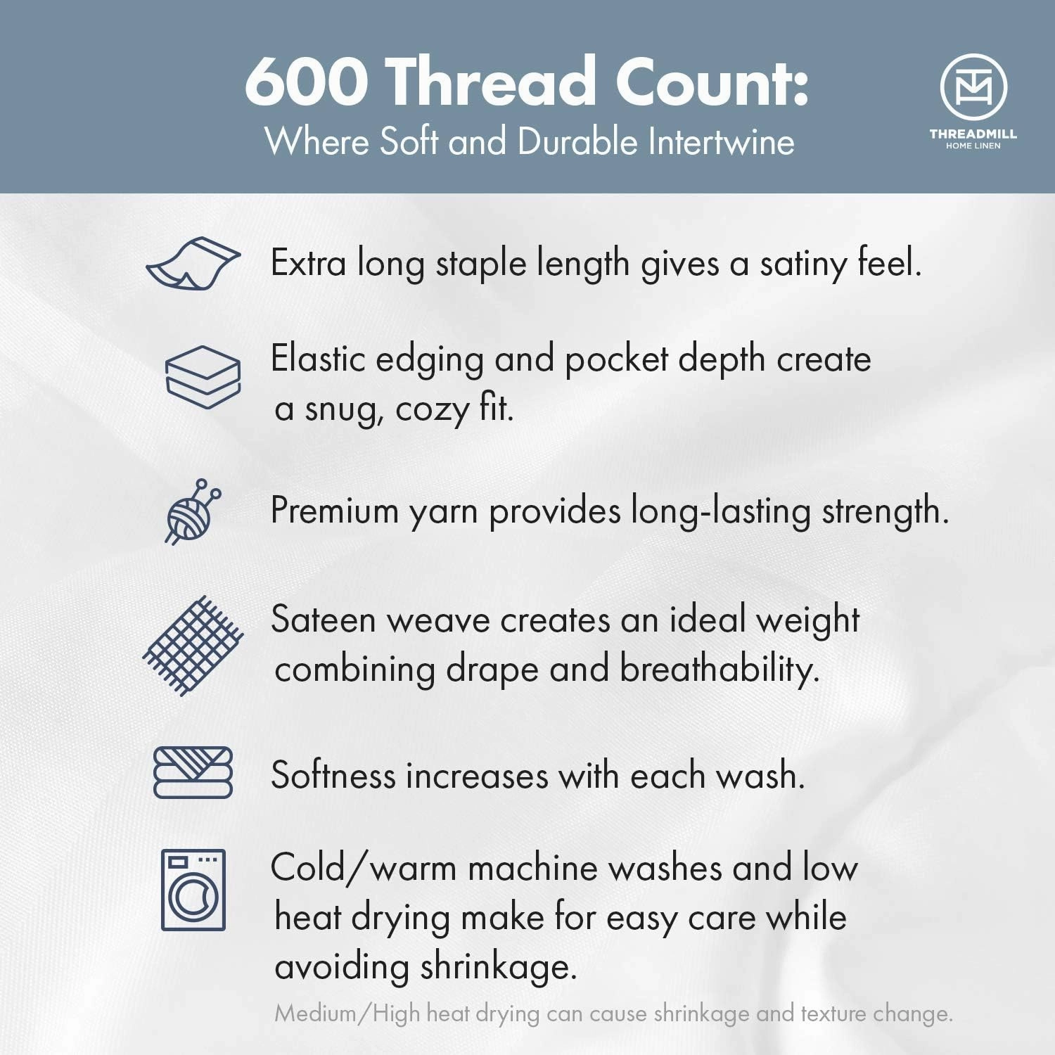 Threadmill 100% Cotton Sheets for Queen Size Bed - 600 Thread Count Queen Bed Sheets Set with 16” Deep Pocket - Sateen Weave 4-Piece Bedding Set with Cooling Effect, Folkstone Blue