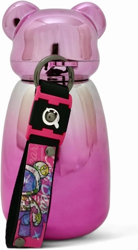 Timi Bear Figurines Stainless Steel Vacuum Insulated Bottle with Strap, 16oz Double Wall Stainless Steel Thermos for Cold & Hot Beverages, Keeps Drinks Cold Up To 24hrs and Hot Up To 12hrs (Pink)