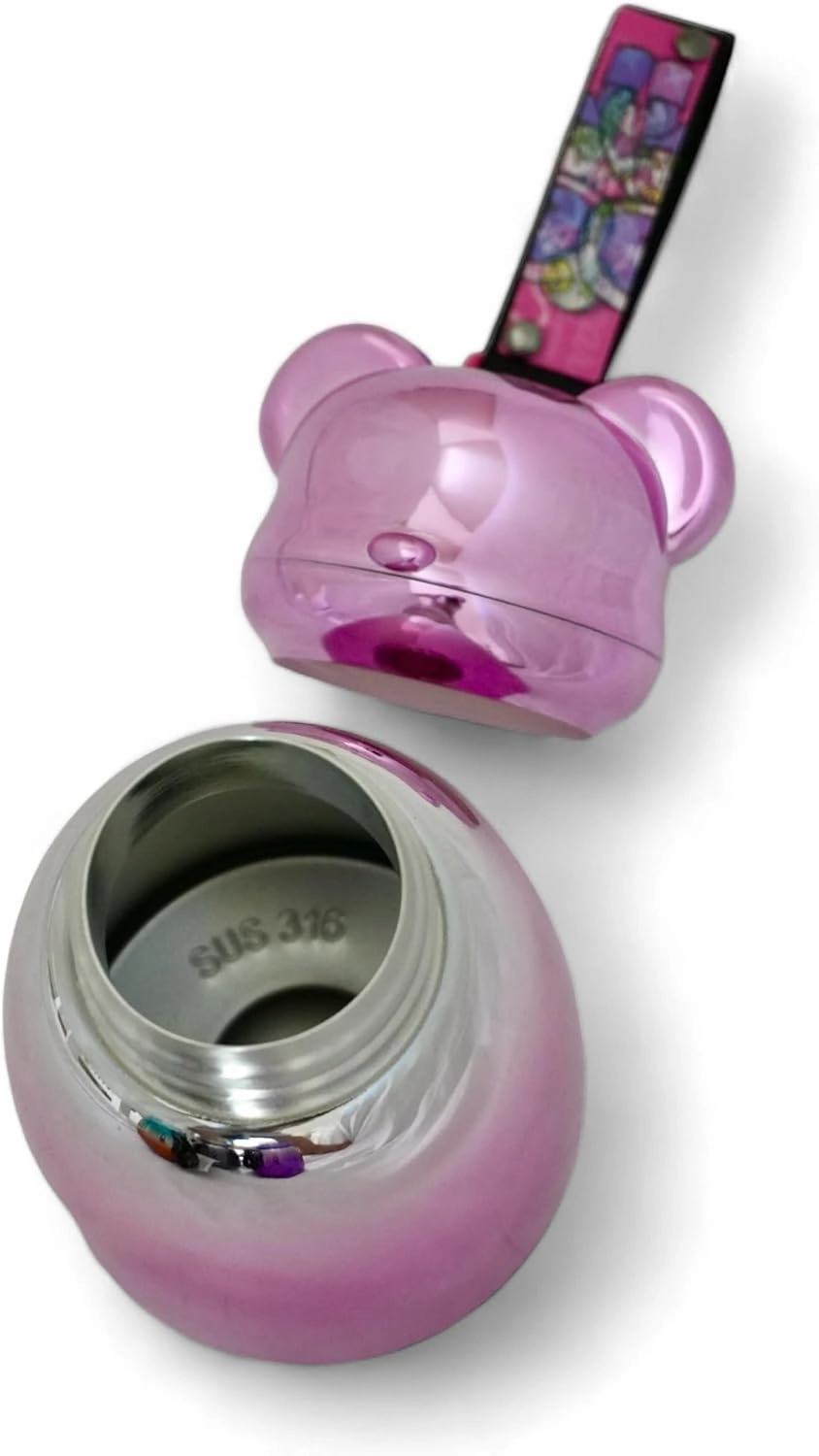 Timi Bear Figurines Stainless Steel Vacuum Insulated Bottle with Strap, 16oz Double Wall Stainless Steel Thermos for Cold & Hot Beverages, Keeps Drinks Cold Up To 24hrs and Hot Up To 12hrs (Pink)