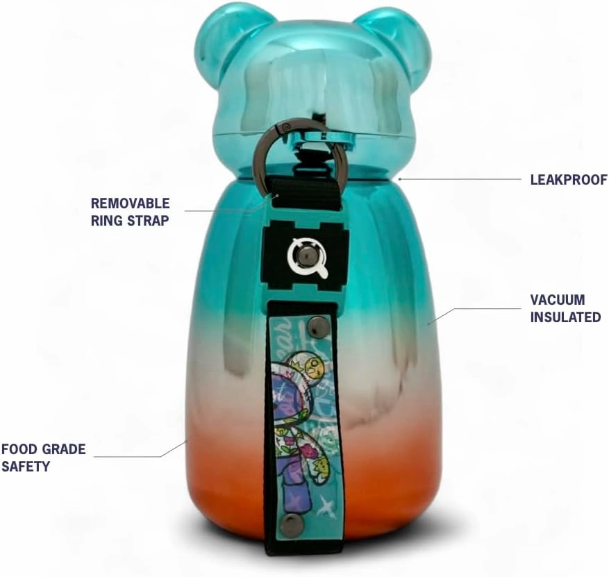 Timi Bear Figurines Stainless Steel Vacuum Insulated Bottle with Strap, 16oz Double Wall Stainless Steel Thermos for Cold & Hot Beverages, Keeps Drinks Cold Up To 24hrs and Hot Up To 12hrs (Teal)