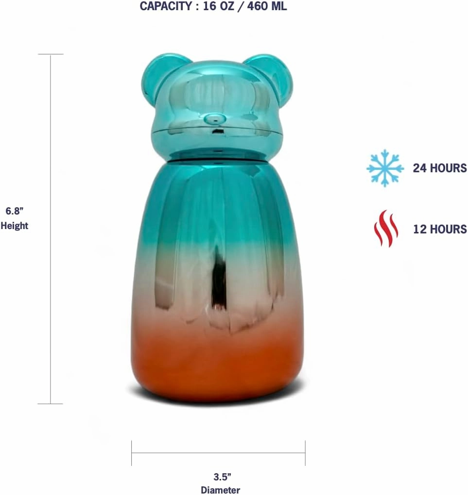 Timi Bear Figurines Stainless Steel Vacuum Insulated Bottle with Strap, 16oz Double Wall Stainless Steel Thermos for Cold & Hot Beverages, Keeps Drinks Cold Up To 24hrs and Hot Up To 12hrs (Teal)
