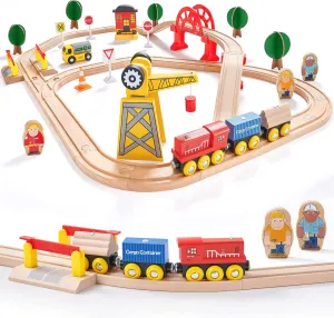 Tiny Land Train Set - 55PCS Wooden Tracks with Exclusive Crane & Trains, Railway Toy Kit for Kids 3 , Boys & Girls