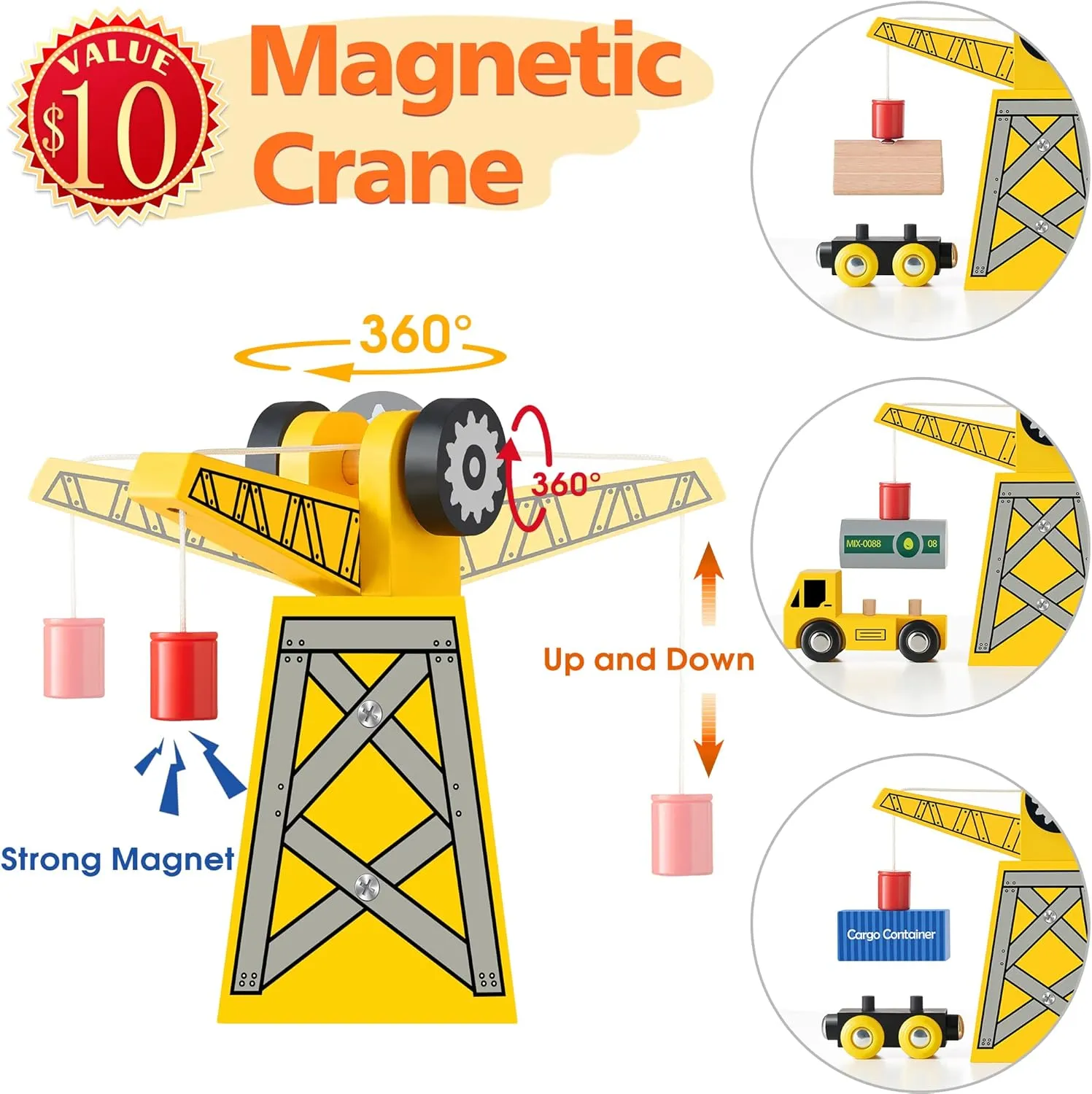 Tiny Land Train Set - 55PCS Wooden Tracks with Exclusive Crane & Trains, Railway Toy Kit for Kids 3 , Boys & Girls