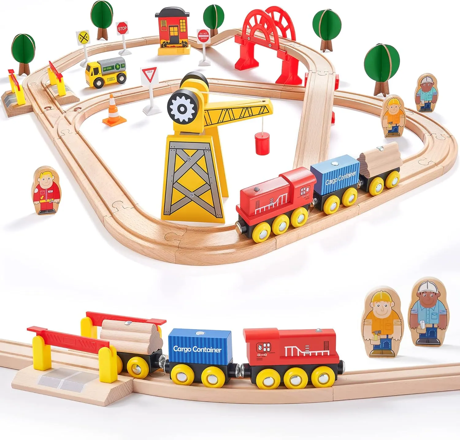 Tiny Land Train Set - 55PCS Wooden Tracks with Exclusive Crane & Trains, Railway Toy Kit for Kids 3 , Boys & Girls
