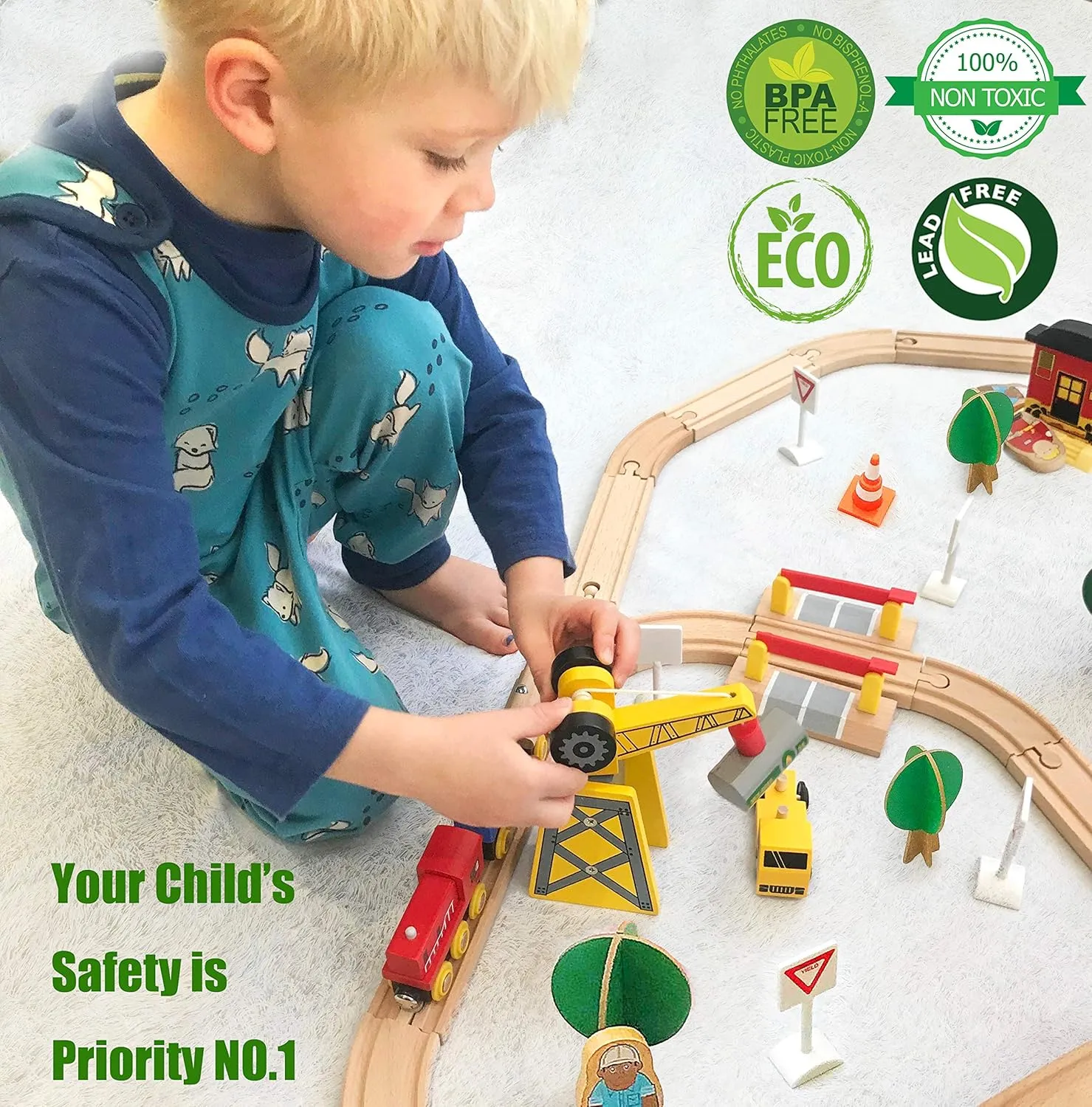 Tiny Land Train Set - 55PCS Wooden Tracks with Exclusive Crane & Trains, Railway Toy Kit for Kids 3 , Boys & Girls