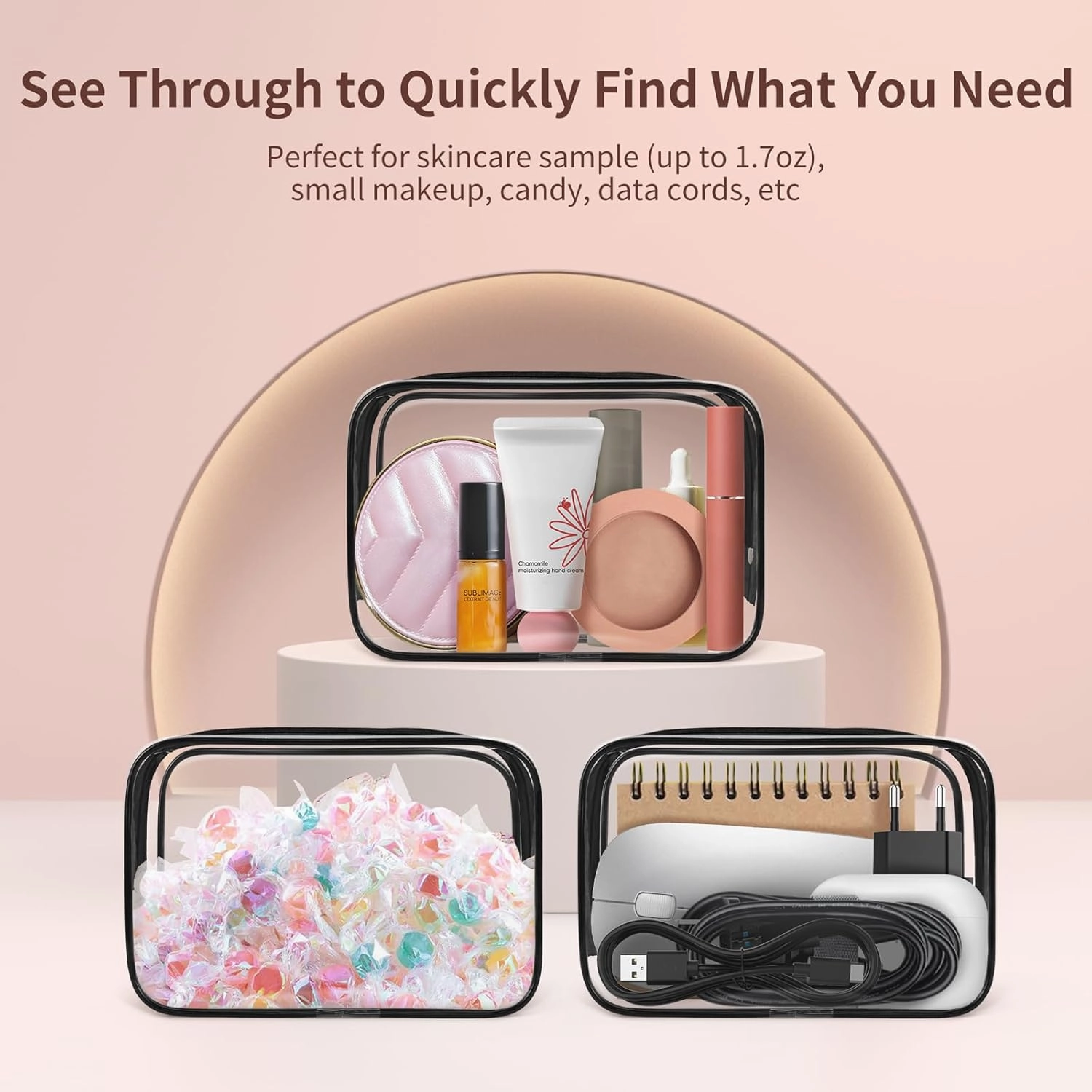 TISRATOK 12 PCS Clear Makeup Bag for Women with Zipper, TSA Approved Toiletry Pouch, Cosmetic Bag Bulk for Travel Organizer Essentials - Black,Small
