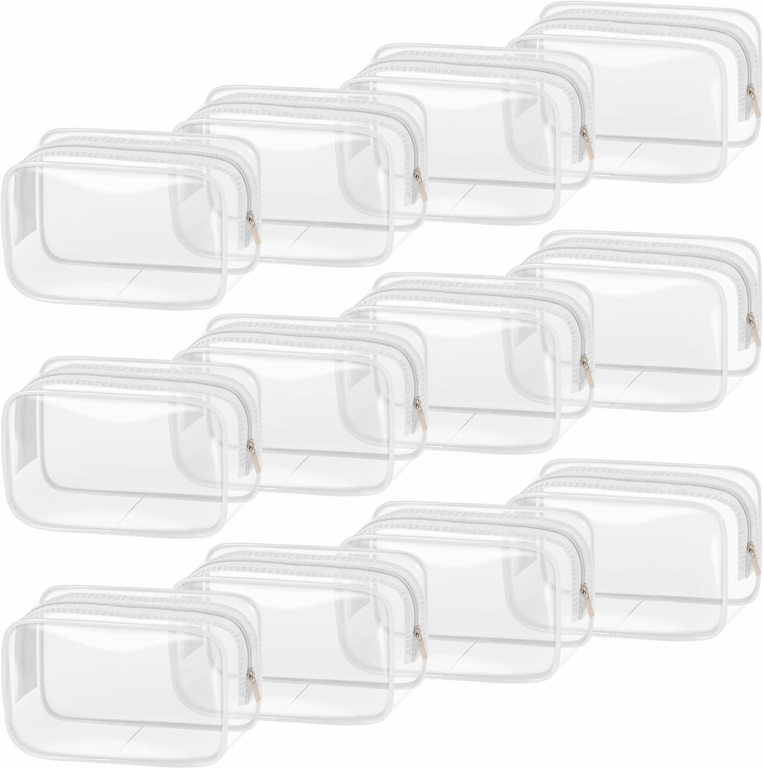 TISRATOK 12 PCS Clear Makeup Bag for Women with Zipper, TSA Approved Toiletry Pouch, Cosmetic Bag Bulk for Travel Organizer Essentials - White,Small