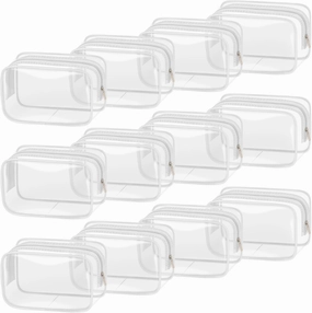 TISRATOK 12 PCS Clear Makeup Bag for Women with Zipper, TSA Approved Toiletry Pouch, Cosmetic Bag Bulk for Travel Organizer Essentials - White,Small