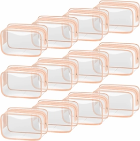 TISRATOK 12 PCS Clear Makeup Bag for Women with Zipper, TSA Approved Toiletry Pouch, Cosmetic Bag Bulk for Travel Organizer Essentials -Orange-pink, Small