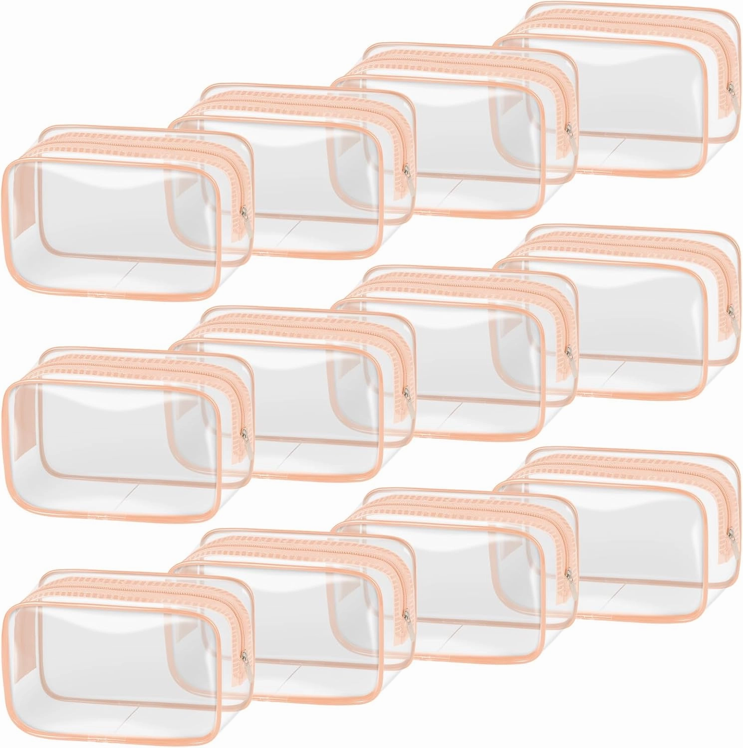 TISRATOK 12 PCS Clear Makeup Bag for Women with Zipper, TSA Approved Toiletry Pouch, Cosmetic Bag Bulk for Travel Organizer Essentials -Orange-pink, Small