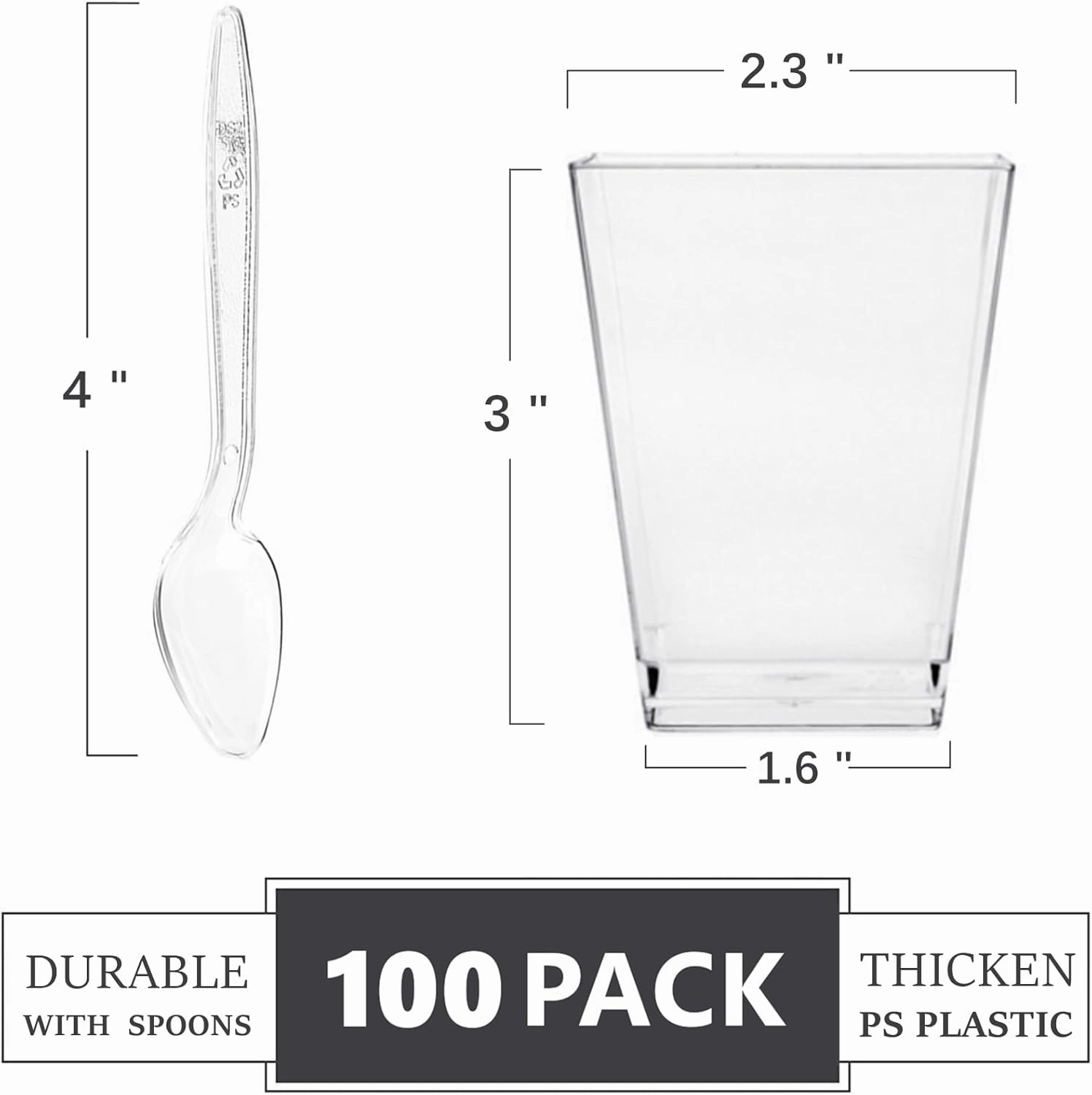 TOFLEN 100 Pack 5 oz Square Mini Dessert Cups with Spoons Clear Plastic Dessert Shooter Cups for for Party, Yogurt, Parfait, Cheesecake, Pudding, Jello and Appetizers