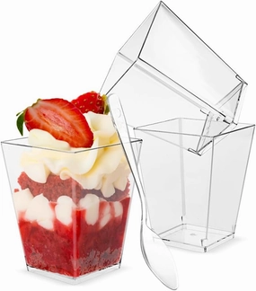 TOFLEN 100 Pack 5 oz Square Mini Dessert Cups with Spoons Clear Plastic Dessert Shooter Cups for for Party, Yogurt, Parfait, Cheesecake, Pudding, Jello and Appetizers