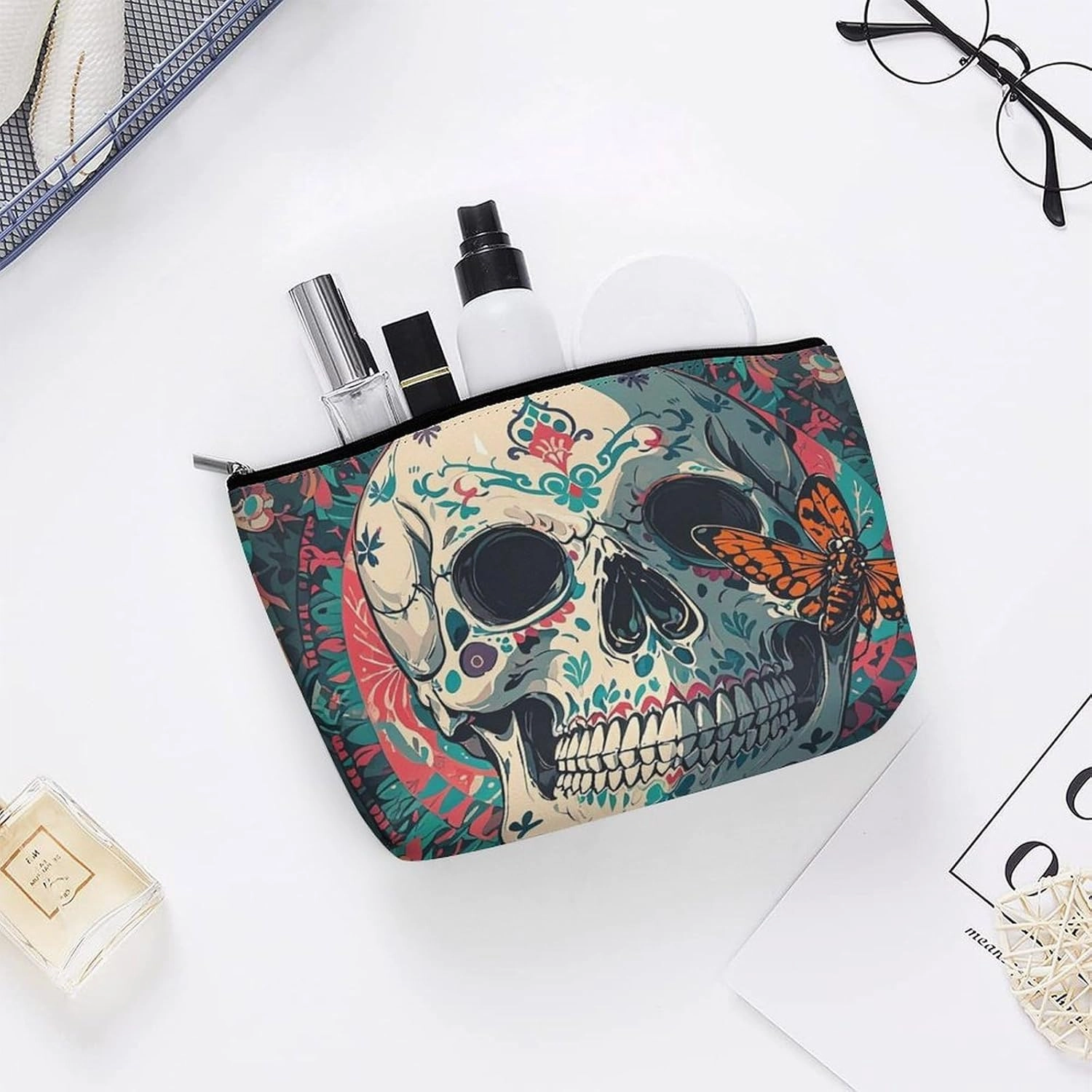 Toiletry Bag for Women Skeleton Death Moth Cosmetic Bag Portable Capacity Travel Makeup Bags with Zipper Lightweight Cute Beauty Makeup Organizer for Traveling, Accessories, Essentials