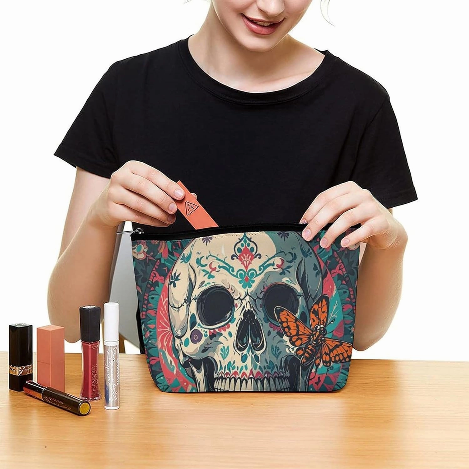 Toiletry Bag for Women Skeleton Death Moth Cosmetic Bag Portable Capacity Travel Makeup Bags with Zipper Lightweight Cute Beauty Makeup Organizer for Traveling, Accessories, Essentials