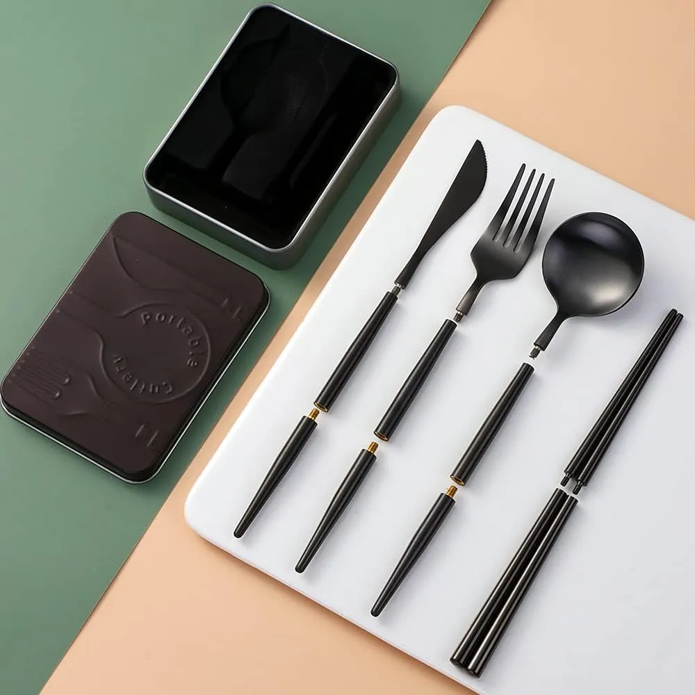 Travel Cutlery Set,2 Set Portable & Reusable,Folding Stainless Steel Flatware with Case,Travel Camping Cutlery set（Green Gold）