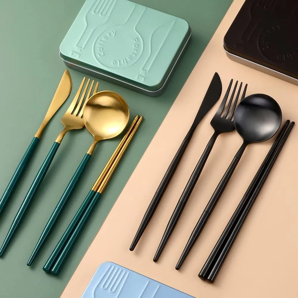 Travel Cutlery Set,2 Set Portable & Reusable,Folding Stainless Steel Flatware with Case,Travel Camping Cutlery set（Green Gold）