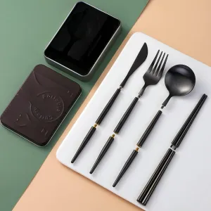 Travel Cutlery Set,2 Set Portable & Reusable,Folding Stainless Steel Flatware with Case,Travel Camping Cutlery set（Green Gold）