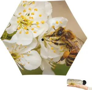 Travel Umbrella for Rain Windproof Bee a spring flower collecting pollen and nectar Cute Portable Compact Mini Umbrella for Women Purse Backpack Car Black Sun UV Protection