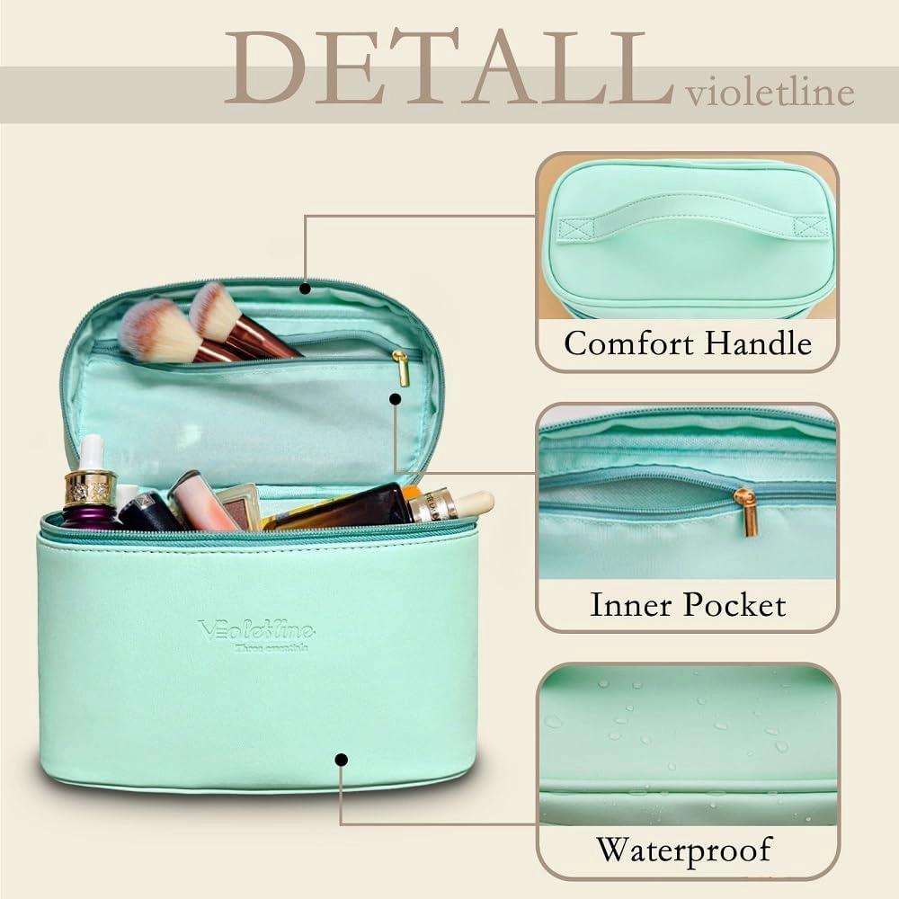 Travel Cosmetic Bag for Women, PU Leather Cosmetic Bag Set of 2, Waterproof, Large Makeup Bag with Handle (Turquoise makeup bag)