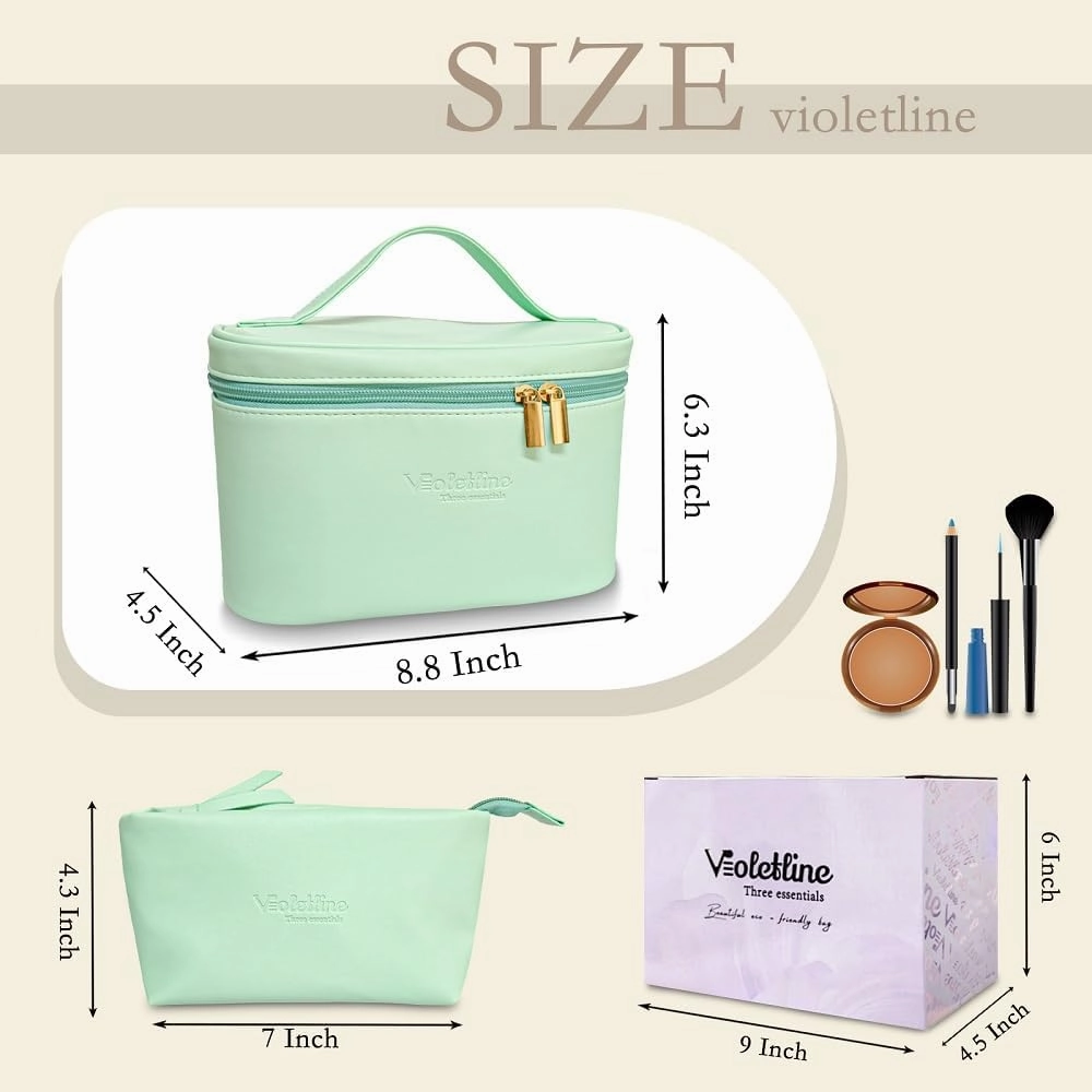Travel Cosmetic Bag for Women, PU Leather Cosmetic Bag Set of 2, Waterproof, Large Makeup Bag with Handle (Turquoise makeup bag)