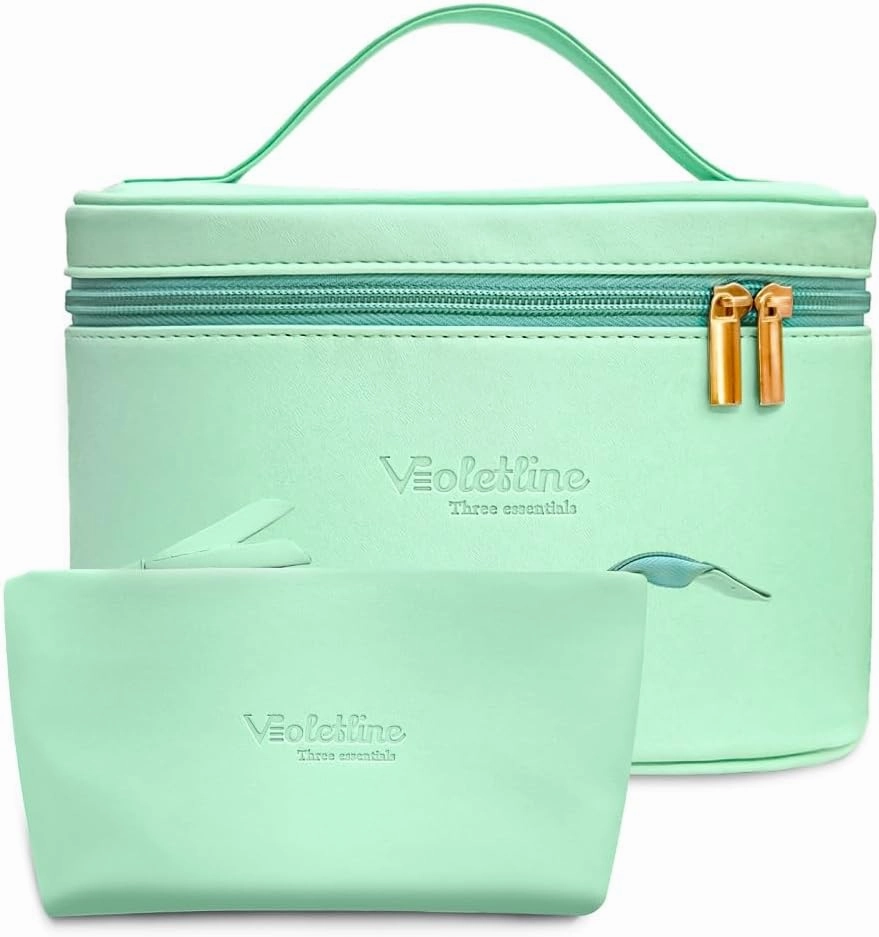 Travel Cosmetic Bag for Women, PU Leather Cosmetic Bag Set of 2, Waterproof, Large Makeup Bag with Handle (Turquoise makeup bag)