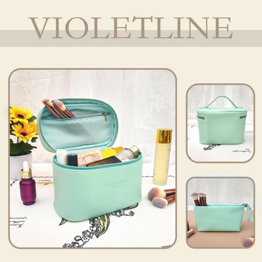 Travel Cosmetic Bag for Women, PU Leather Cosmetic Bag Set of 2, Waterproof, Large Makeup Bag with Handle (Turquoise makeup bag)