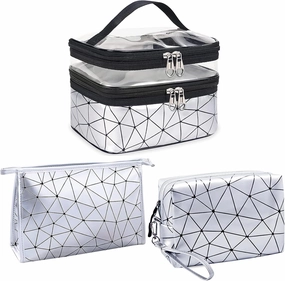 Travel Makeup Bag Organizer, Waterproofing Toiletry Bag Set, Skincare Bag with 2 Cosmetic Bags for Women (Silver)