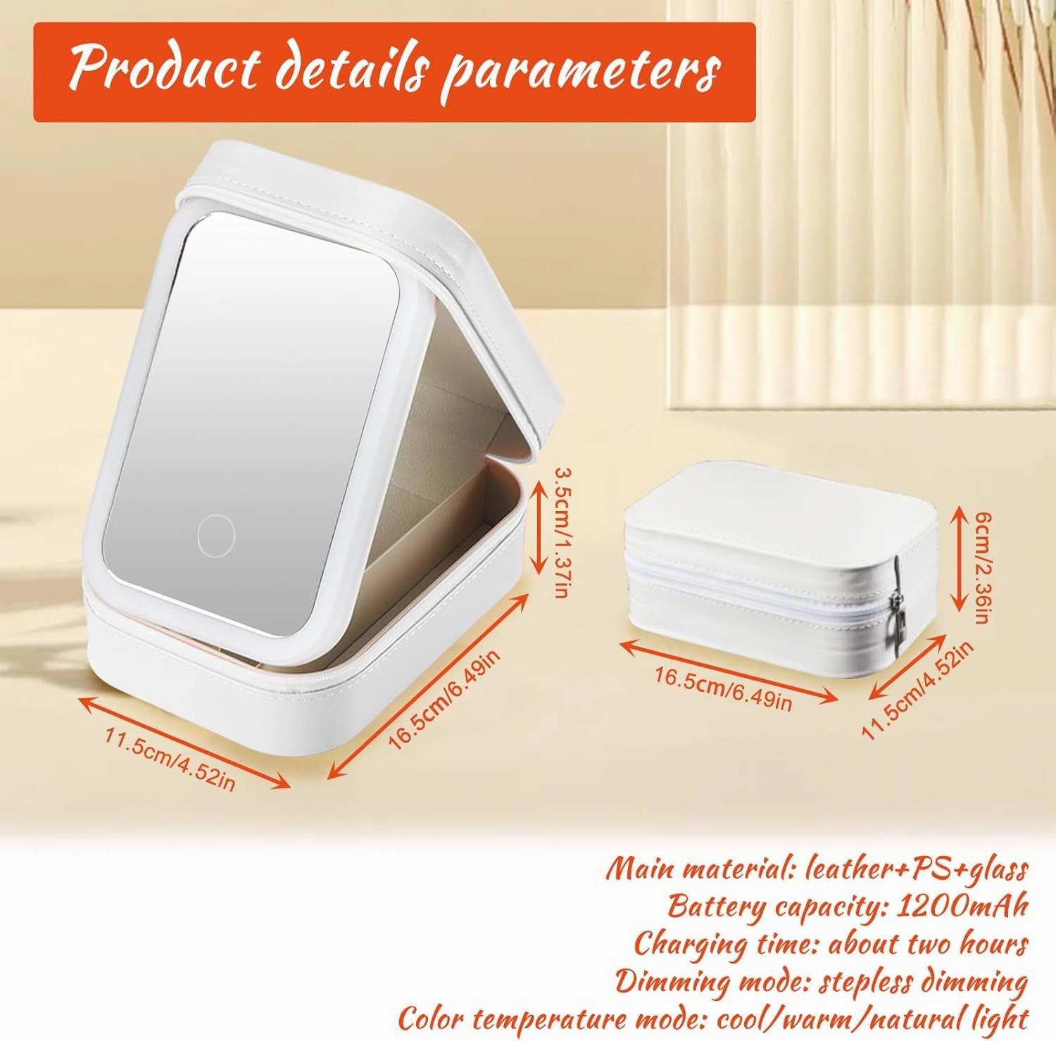 Travel Makeup Bag with LED Mirror, Makeup Mirror Case with 3 Adjustable Color Light Settings, Dust-Proof Jewelry Box, Mini Cosmetic Train Case Ideal (White)
