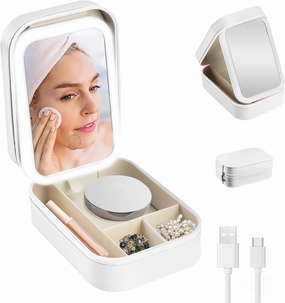 Travel Makeup Bag with LED Mirror, Makeup Mirror Case with 3 Adjustable Color Light Settings, Dust-Proof Jewelry Box, Mini Cosmetic Train Case Ideal (White)