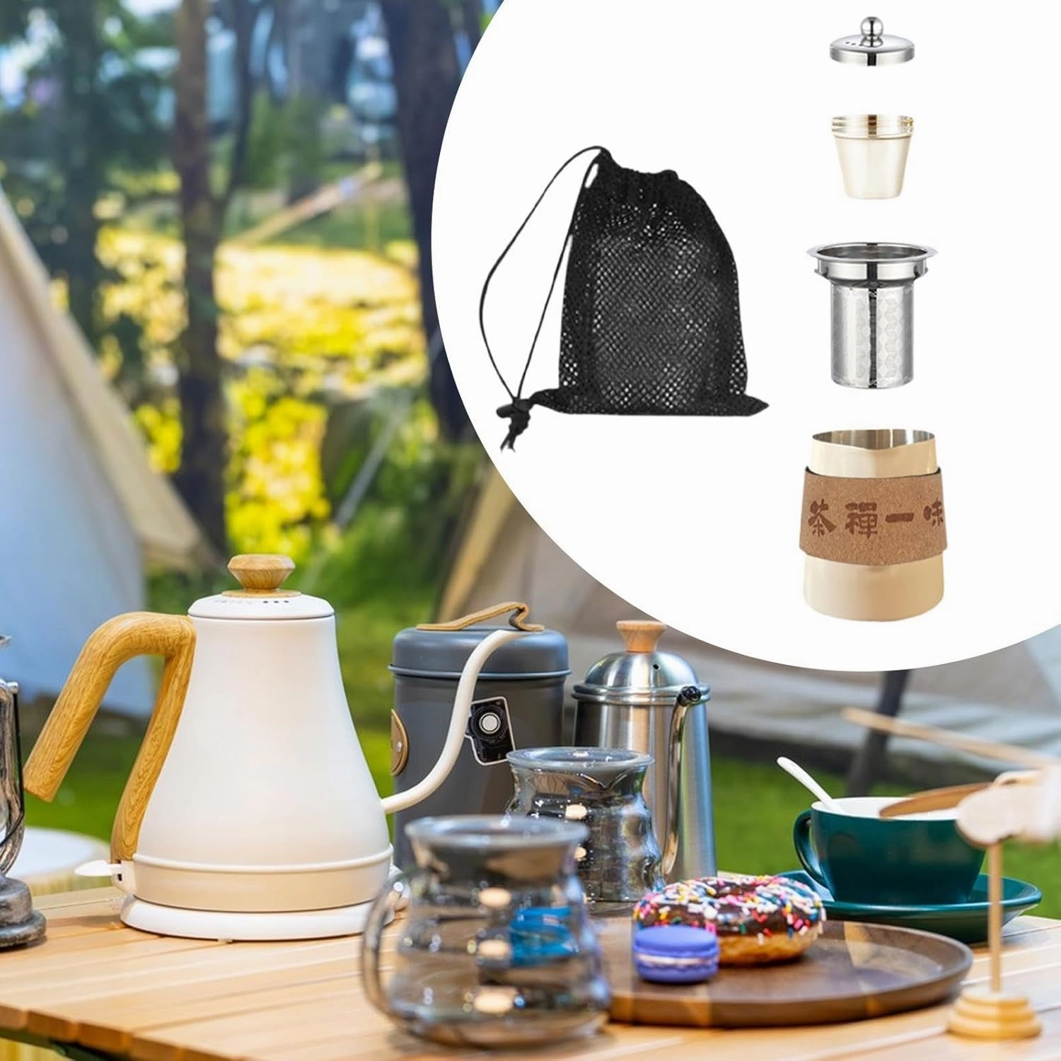Travel Tea Set Camp Drinkware Lightweight with Mesh Storage Bag Stainless Steel Tea Pot for Backpacking Hiking Household Gift, beige