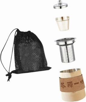 Travel Tea Set Camp Drinkware Lightweight with Mesh Storage Bag Stainless Steel Tea Pot for Backpacking Hiking Household Gift, beige