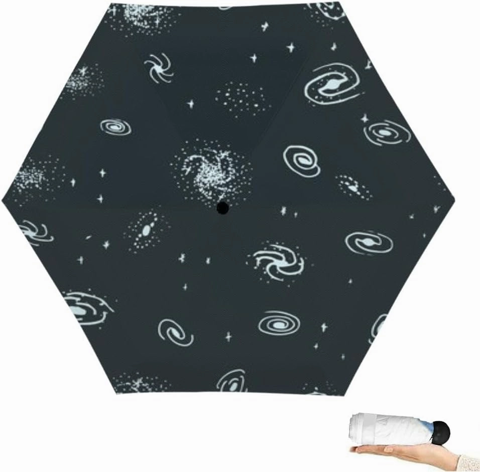 Travel Umbrella for Rain Windproof hand drawn galaxy from spiral elliptical lenticular and irregular Cute Portable Compact Mini Umbrella for Women Purse Backpack Car Black Sun UV Protection