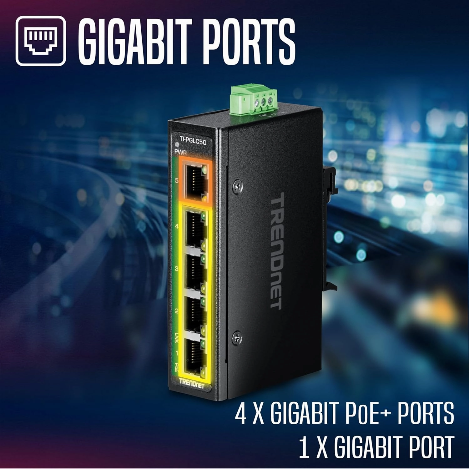 TRENDnet 5-Port Industrial Gigabit PoE  DIN-Rail Mini Switch, TI-PGLC50, 4 x Gigabit PoE  Ports, 1 x Gigabit Port, 90W PoE  Power Budget, 10Gbps Switching Capacity, NDAA & TAA Compliant