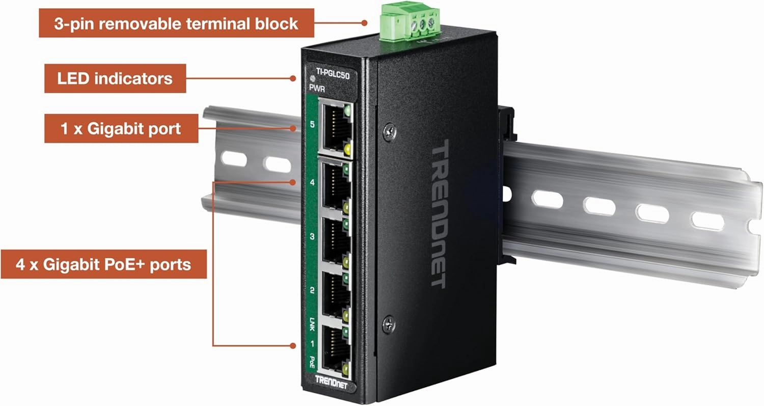 TRENDnet 5-Port Industrial Gigabit PoE  DIN-Rail Mini Switch, TI-PGLC50, 4 x Gigabit PoE  Ports, 1 x Gigabit Port, 90W PoE  Power Budget, 10Gbps Switching Capacity, NDAA & TAA Compliant