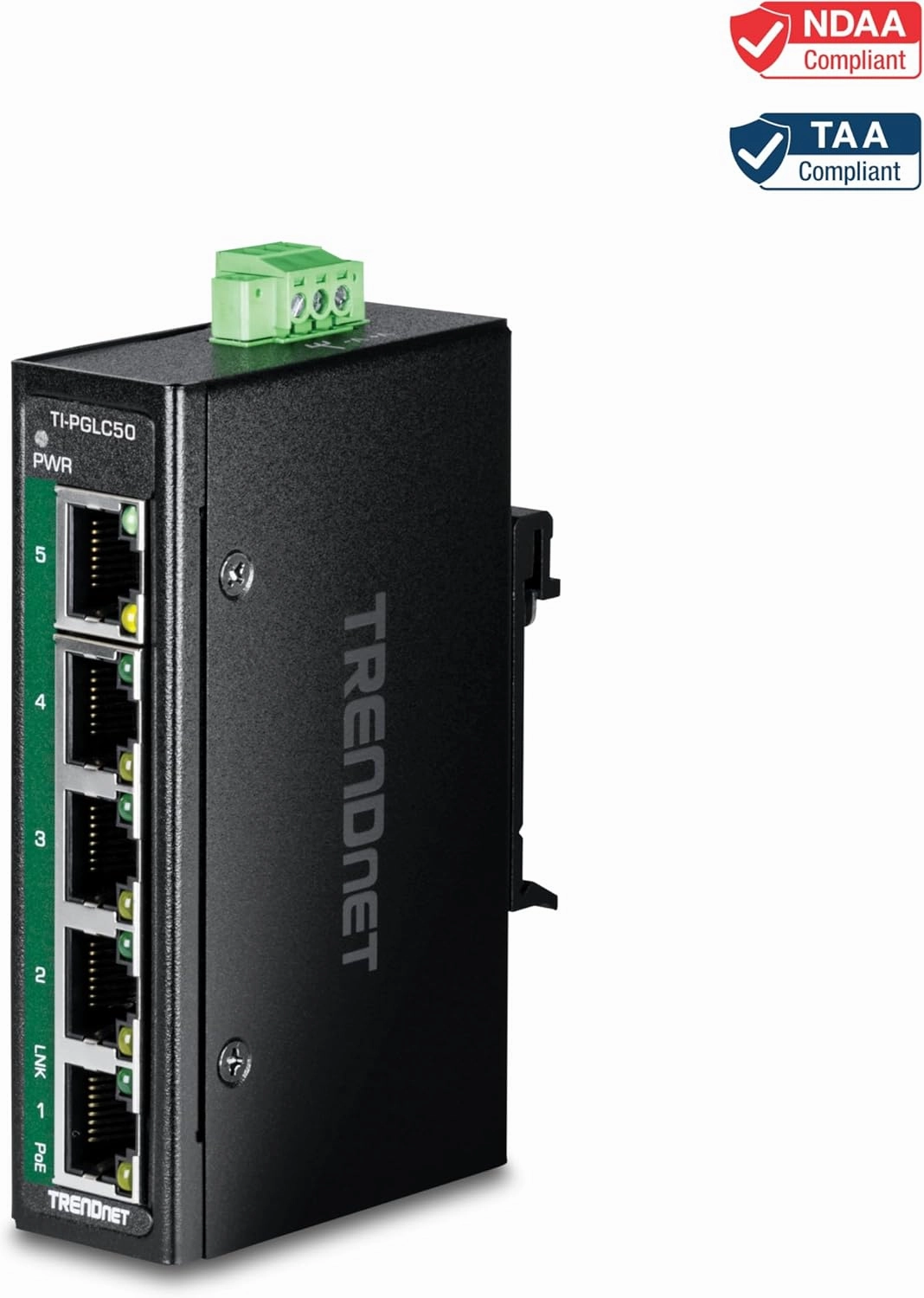 TRENDnet 5-Port Industrial Gigabit PoE  DIN-Rail Mini Switch, TI-PGLC50, 4 x Gigabit PoE  Ports, 1 x Gigabit Port, 90W PoE  Power Budget, 10Gbps Switching Capacity, NDAA & TAA Compliant