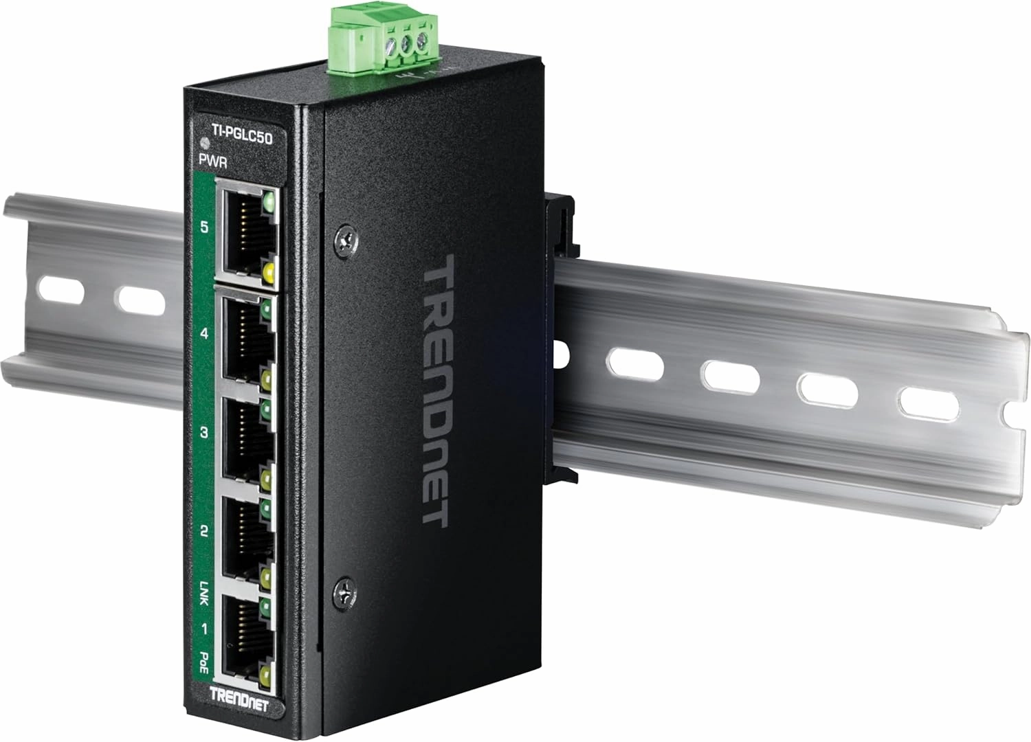 TRENDnet 5-Port Industrial Gigabit PoE  DIN-Rail Mini Switch, TI-PGLC50, 4 x Gigabit PoE  Ports, 1 x Gigabit Port, 90W PoE  Power Budget, 10Gbps Switching Capacity, NDAA & TAA Compliant