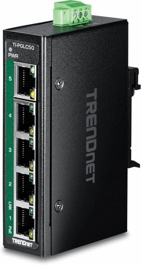 TRENDnet 5-Port Industrial Gigabit PoE  DIN-Rail Mini Switch, TI-PGLC50, 4 x Gigabit PoE  Ports, 1 x Gigabit Port, 90W PoE  Power Budget, 10Gbps Switching Capacity, NDAA & TAA Compliant