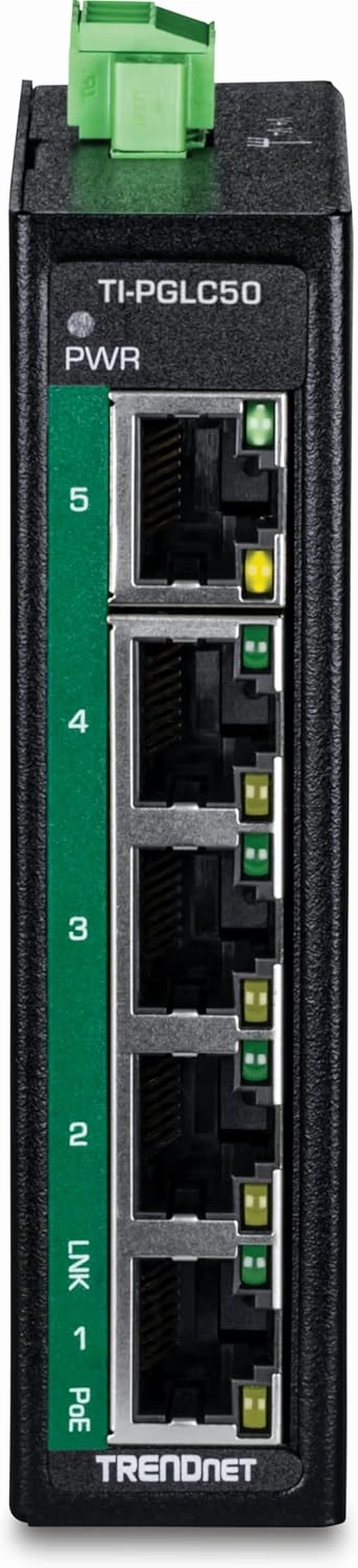 TRENDnet 5-Port Industrial Gigabit PoE  DIN-Rail Mini Switch, TI-PGLC50, 4 x Gigabit PoE  Ports, 1 x Gigabit Port, 90W PoE  Power Budget, 10Gbps Switching Capacity, NDAA & TAA Compliant