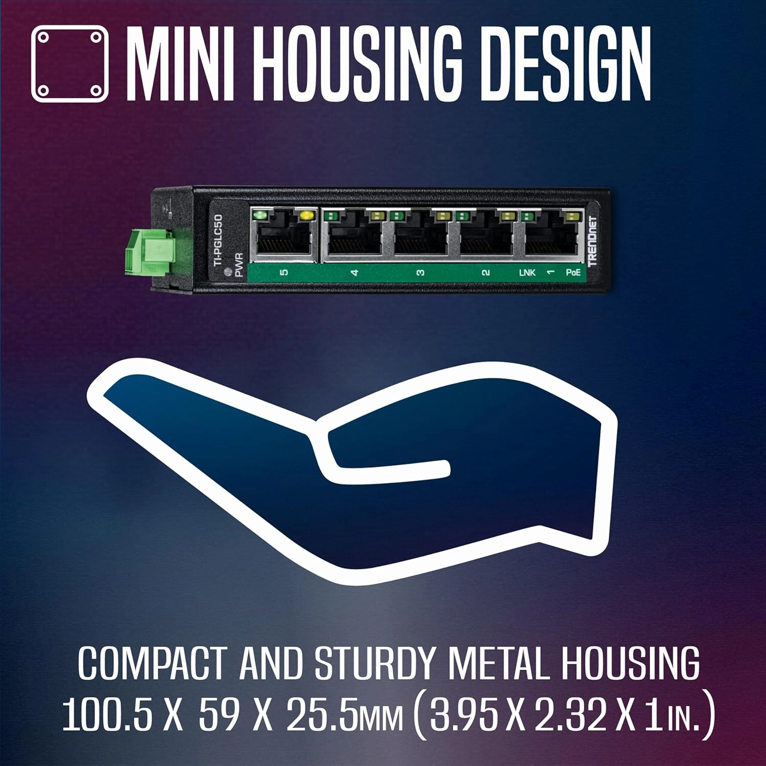 TRENDnet 5-Port Industrial Gigabit PoE  DIN-Rail Mini Switch, TI-PGLC50, 4 x Gigabit PoE  Ports, 1 x Gigabit Port, 90W PoE  Power Budget, 10Gbps Switching Capacity, NDAA & TAA Compliant