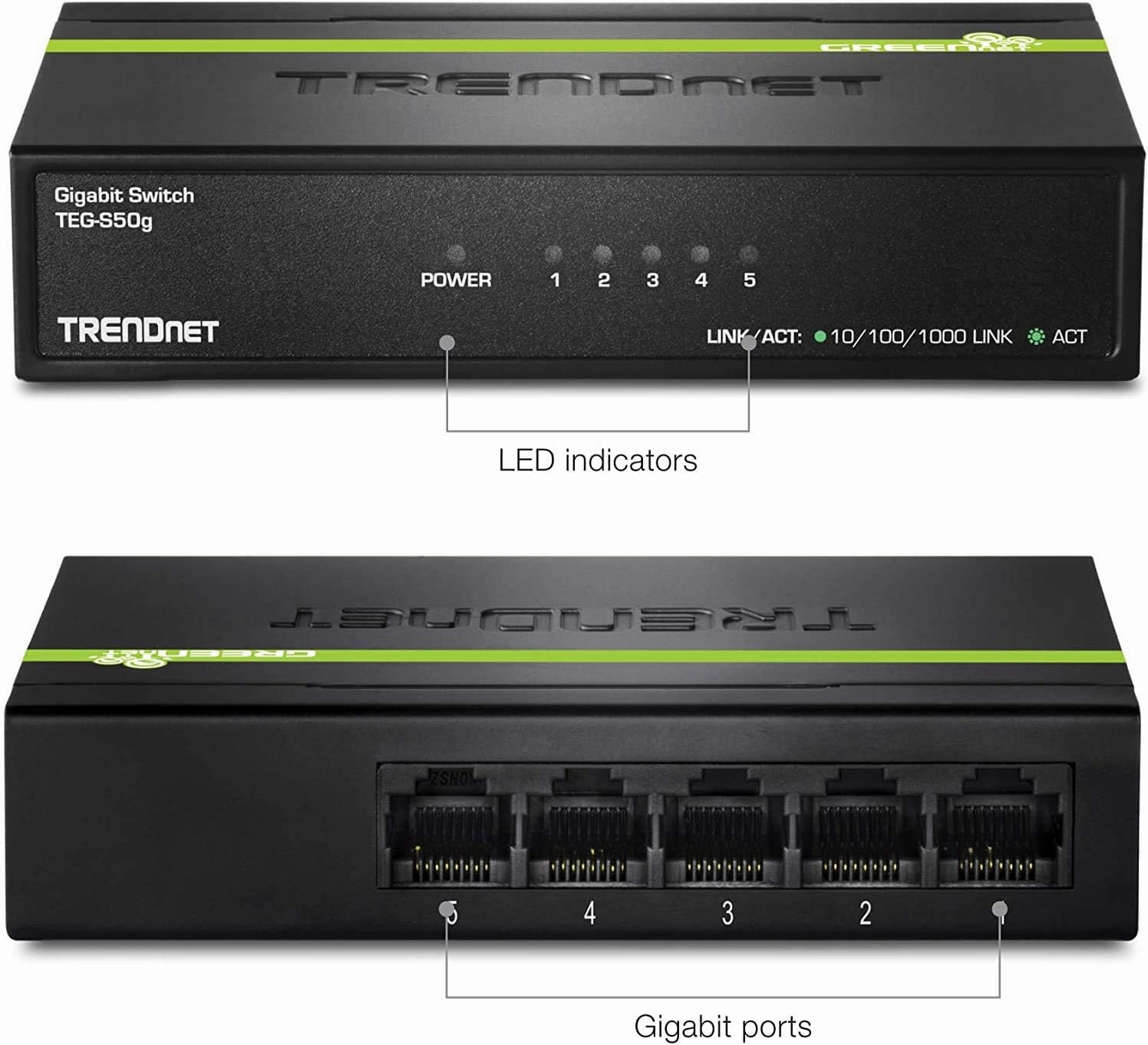 TRENDnet 5-Port Mini Gigabit Switch, TEG-S50g, GREENnet Technology, NDAA   TAA Compliant, Desktop Metal Ethernet Network Switch, 5 x Gigabit Ports, Fanless, Lifetime Protection, Black