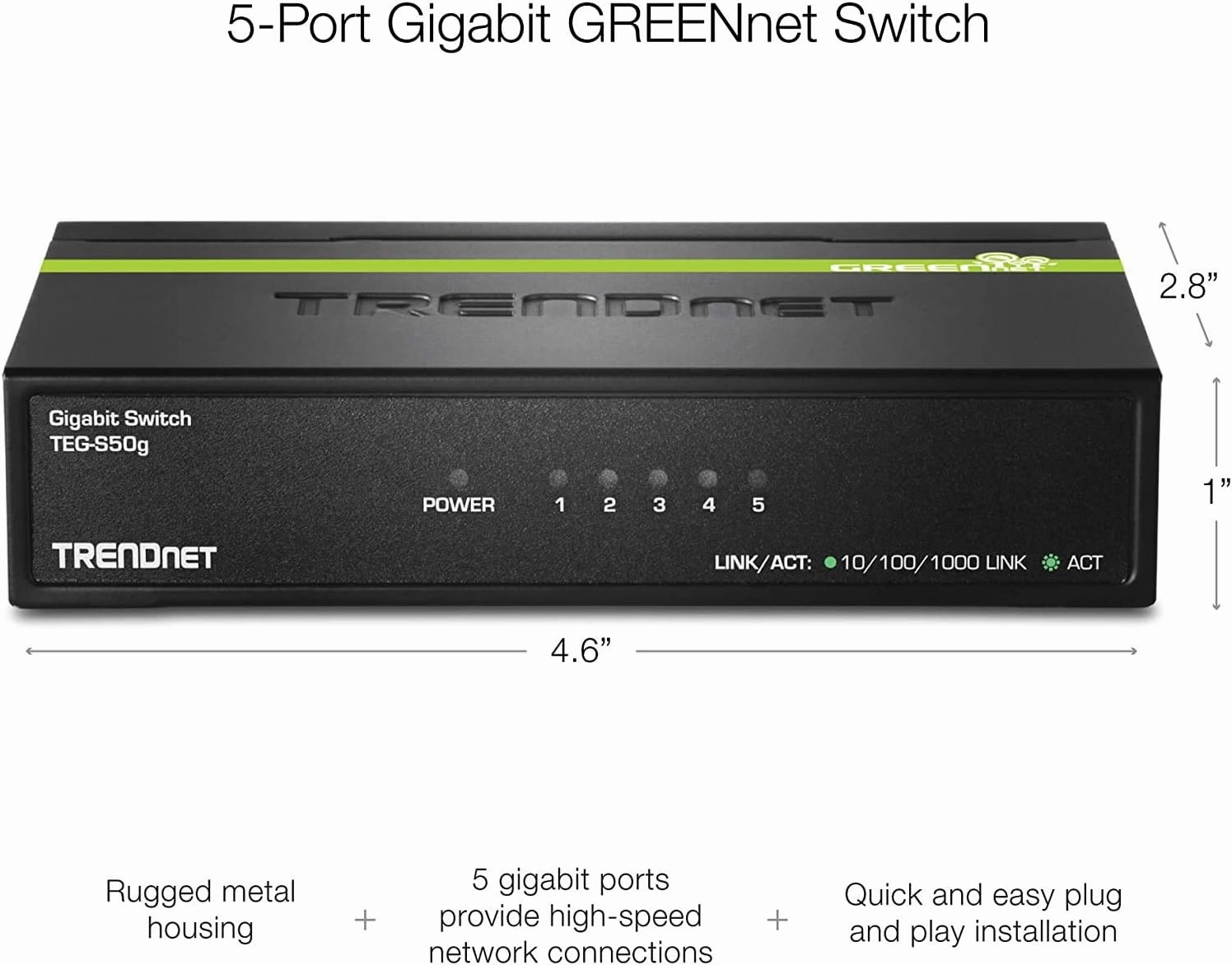 TRENDnet 5-Port Mini Gigabit Switch, TEG-S50g, GREENnet Technology, NDAA   TAA Compliant, Desktop Metal Ethernet Network Switch, 5 x Gigabit Ports, Fanless, Lifetime Protection, Black