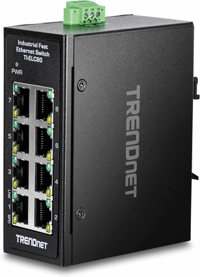 TRENDnet 8-Port Industrial Fast Ethernet DIN-Rail Mini Switch, TI-ELC80, 8 x 10/100Mbps Ports, IP30 Rated Housing, 1Gbps Switching Capacity, Black