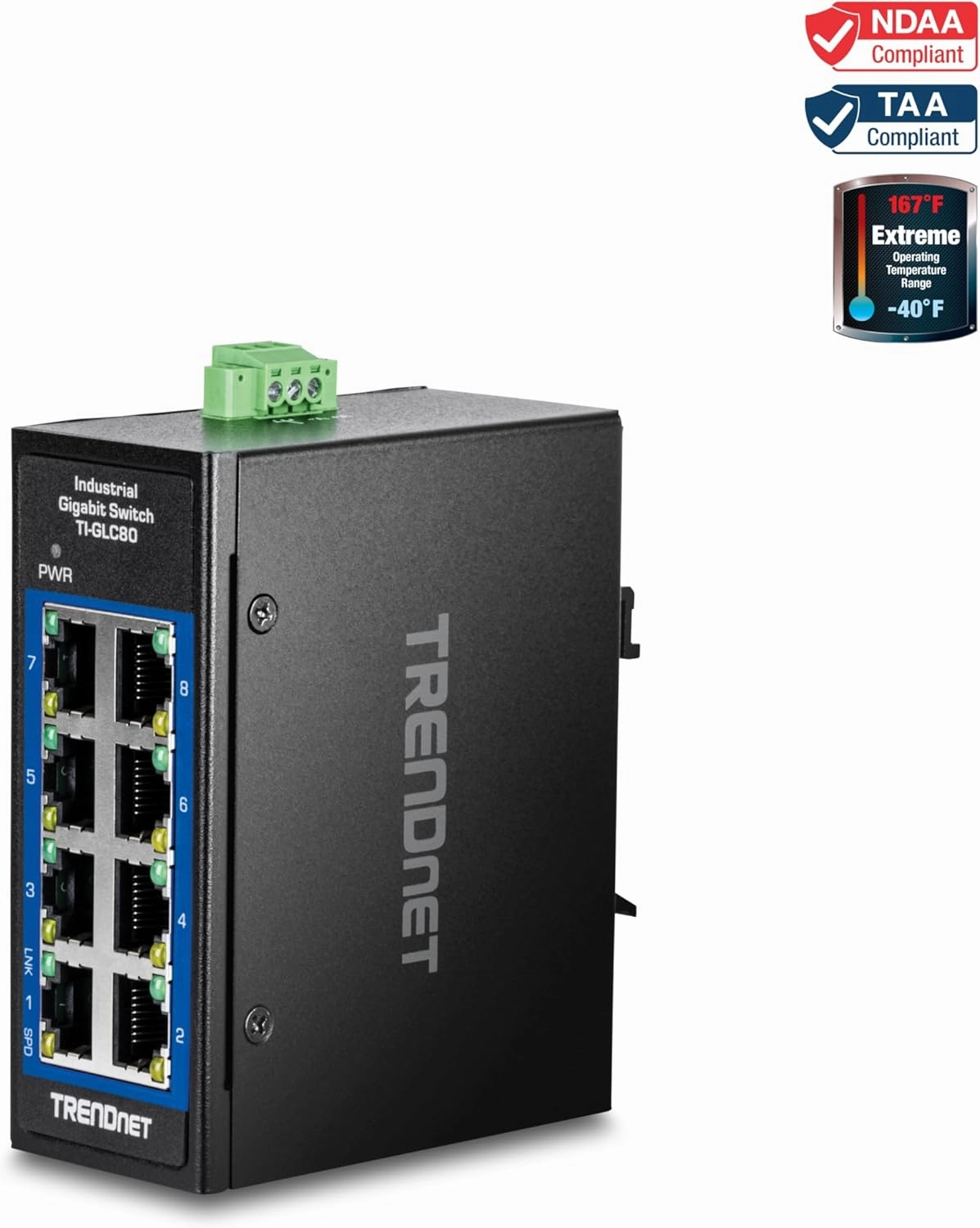 TRENDnet 8-Port Industrial Gigabit DIN-Rail Mini Switch, TI-GLC80, 8 x Gigabit Ports, Extreme Temperature IP30 Rated, 16Gbps Switch Capacity, Black
